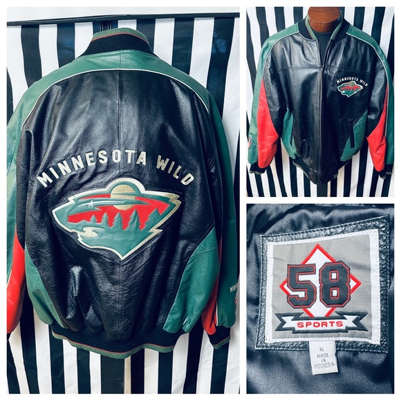 NHL Other - Minnesota Wild NHL Vintage RARE 58 Sports Leather Bomber Jacket Black / Green